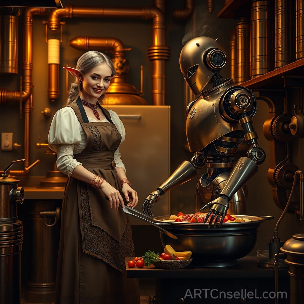 Steampunk Elven Lady Cooks Dinner with Robot Butler in Elega...