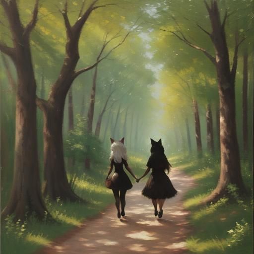 Catgirl and Doggirl Stroll: Impressionistic Oil Painting