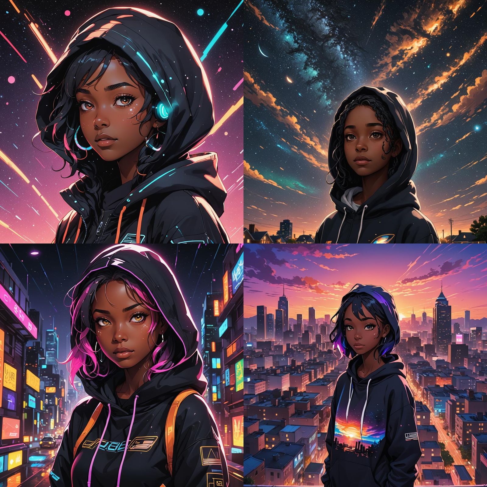 Black College Girl in UFO Hoodie: Anime Style