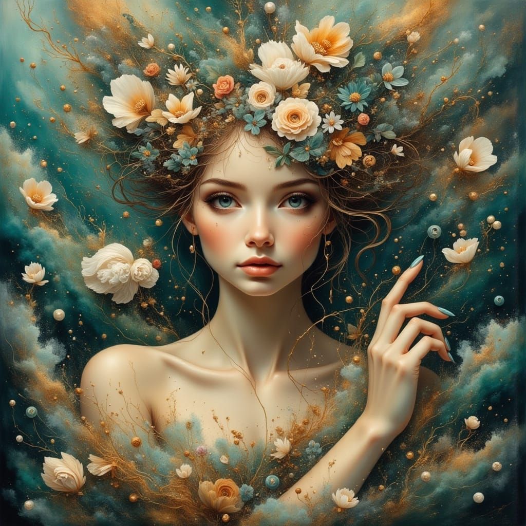 Woman Surrounded by Seashells and Coffee, Mystical Realism