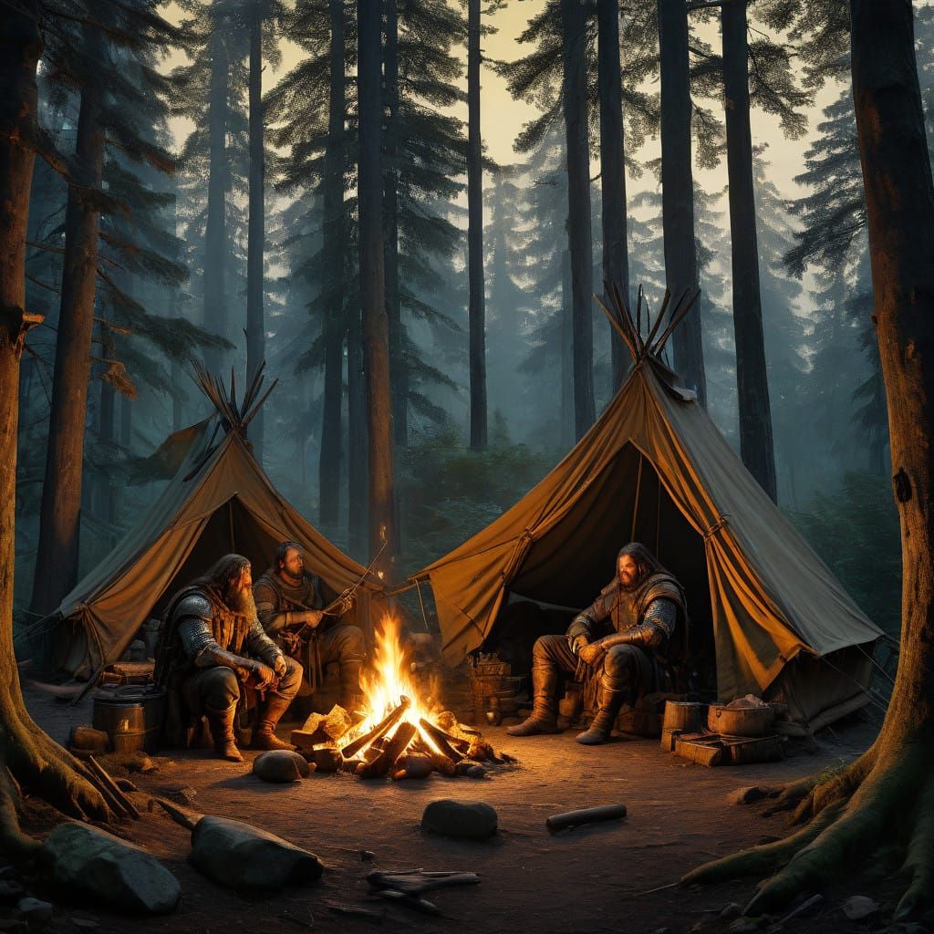 Medieval Warriors Rest by Nocturnal Fire in Enchanted Forest