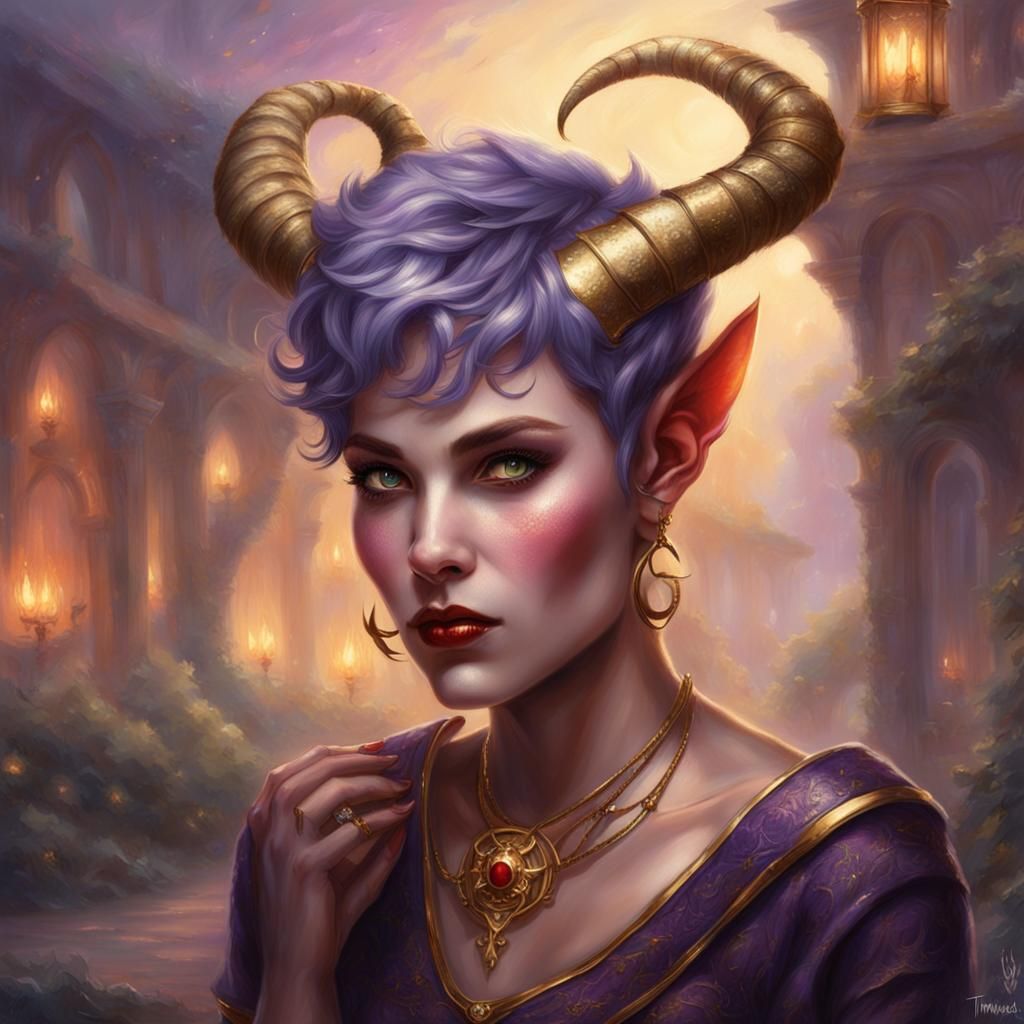 Tiefling Portrait with Regal Horns in Ethereal Fantasy Style
