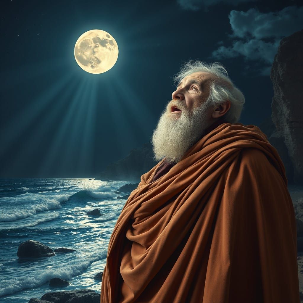 Philosopher Contemplates Ancient Mystery Under Moonlit Aegea...