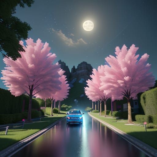 Whimsical 3D Pixar-Style White Rabbit in Moonlit Street