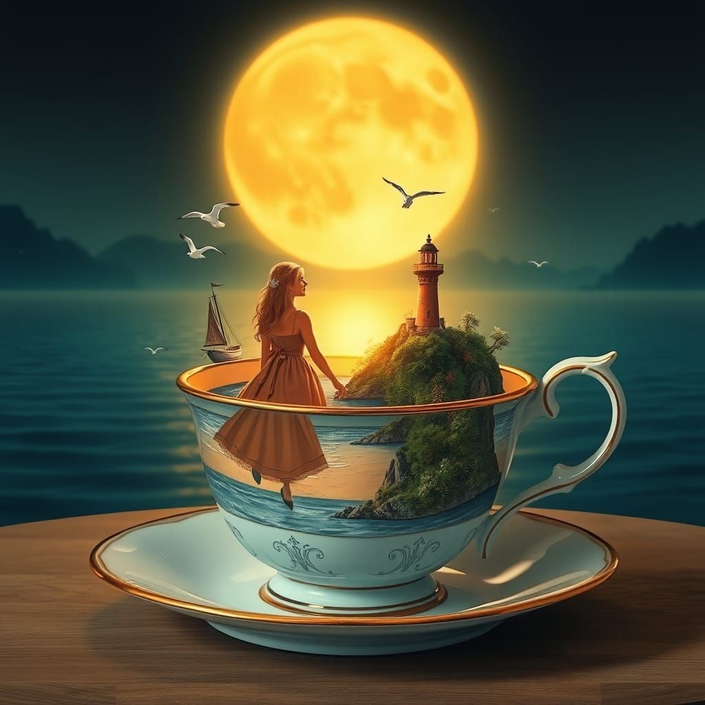 Teacup Island Sunset Scene in Anime Style
