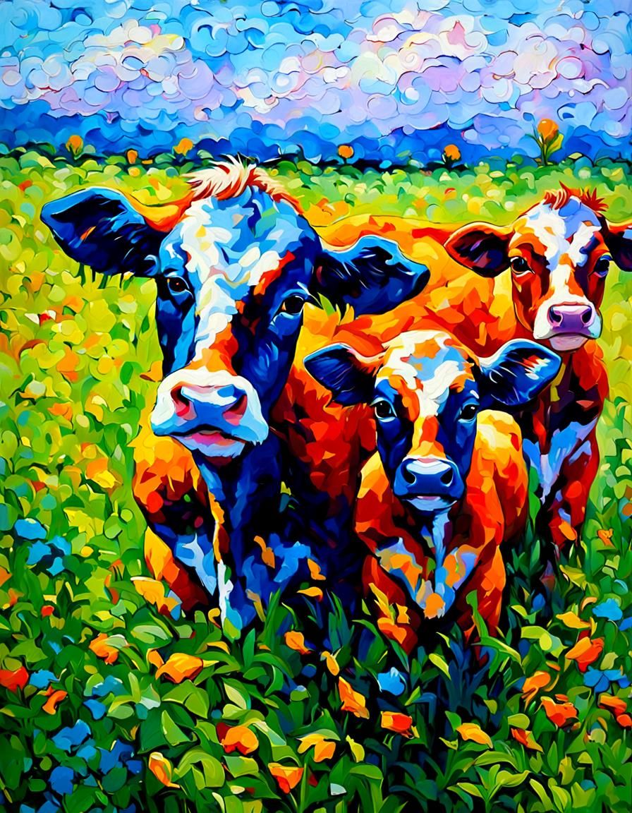 Calves Relaxing in Alfalfa Field: Neo-Impressionist Oil Pain...