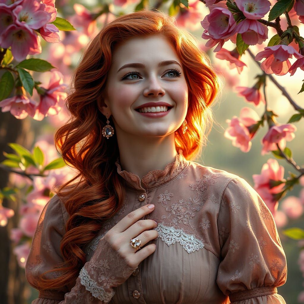 Victorian Redhead in Spring Garden