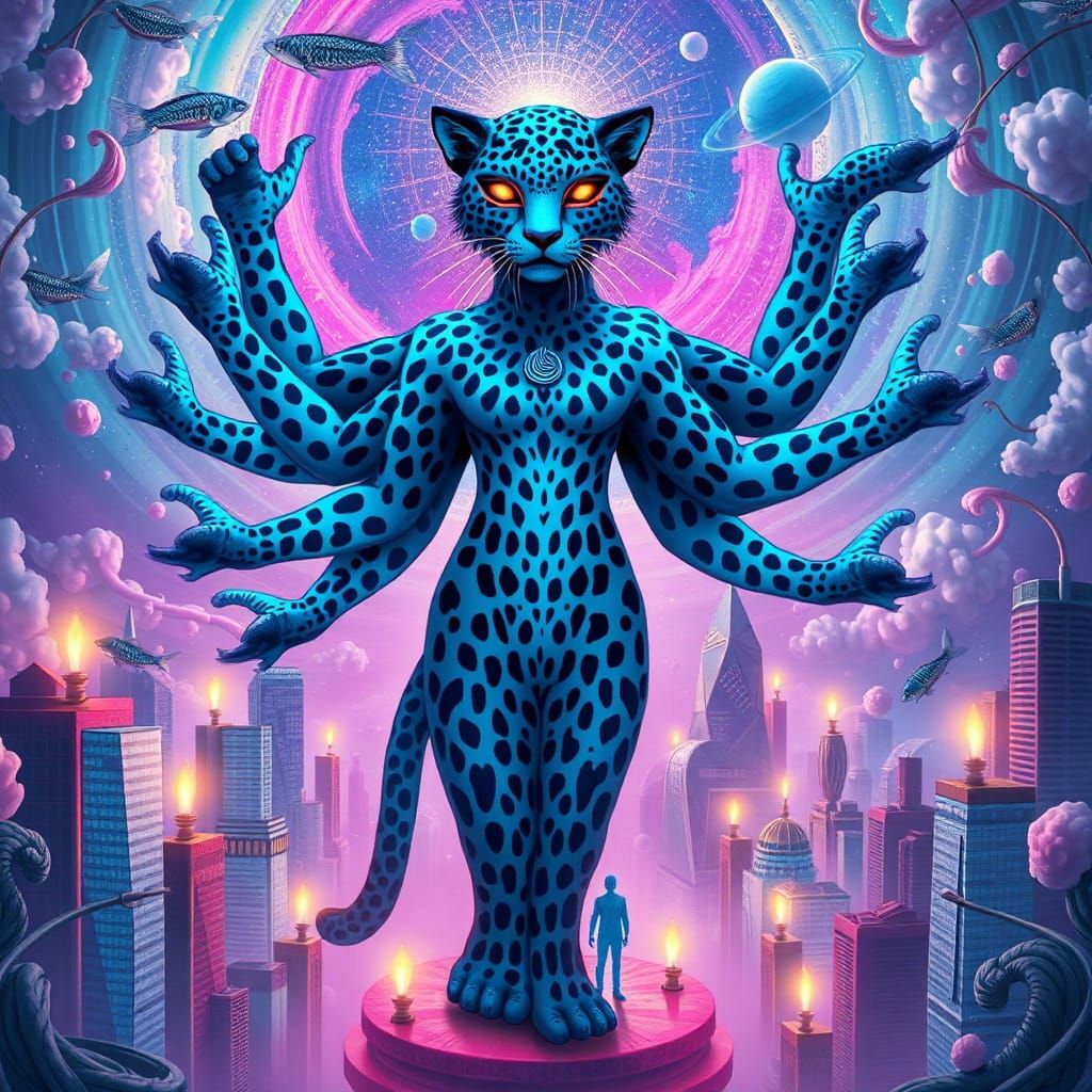 Majestic Blue Leopard Woman in Dreamlike Realm