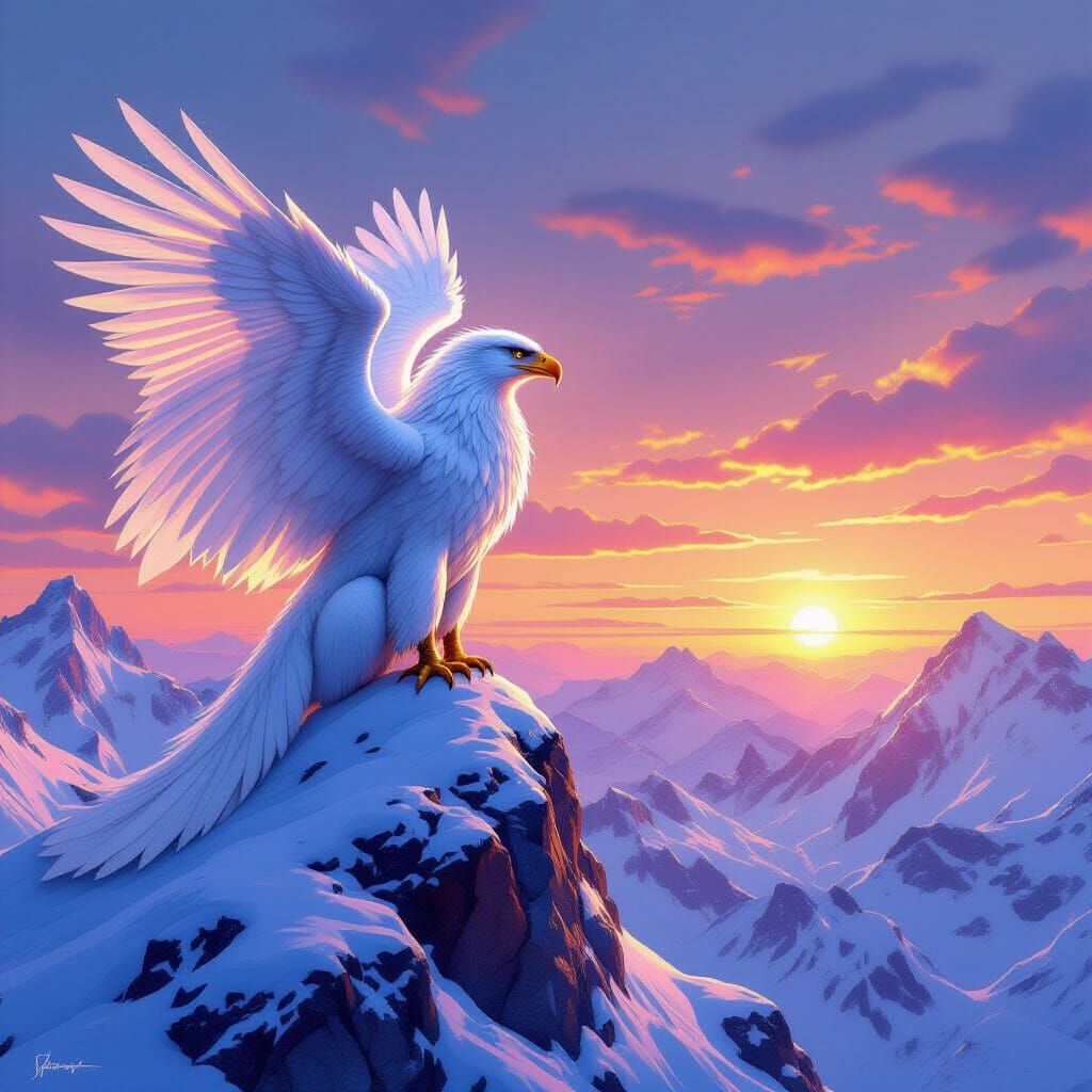 Griffin on Snowy Peak in Detailed Matte Painting Style