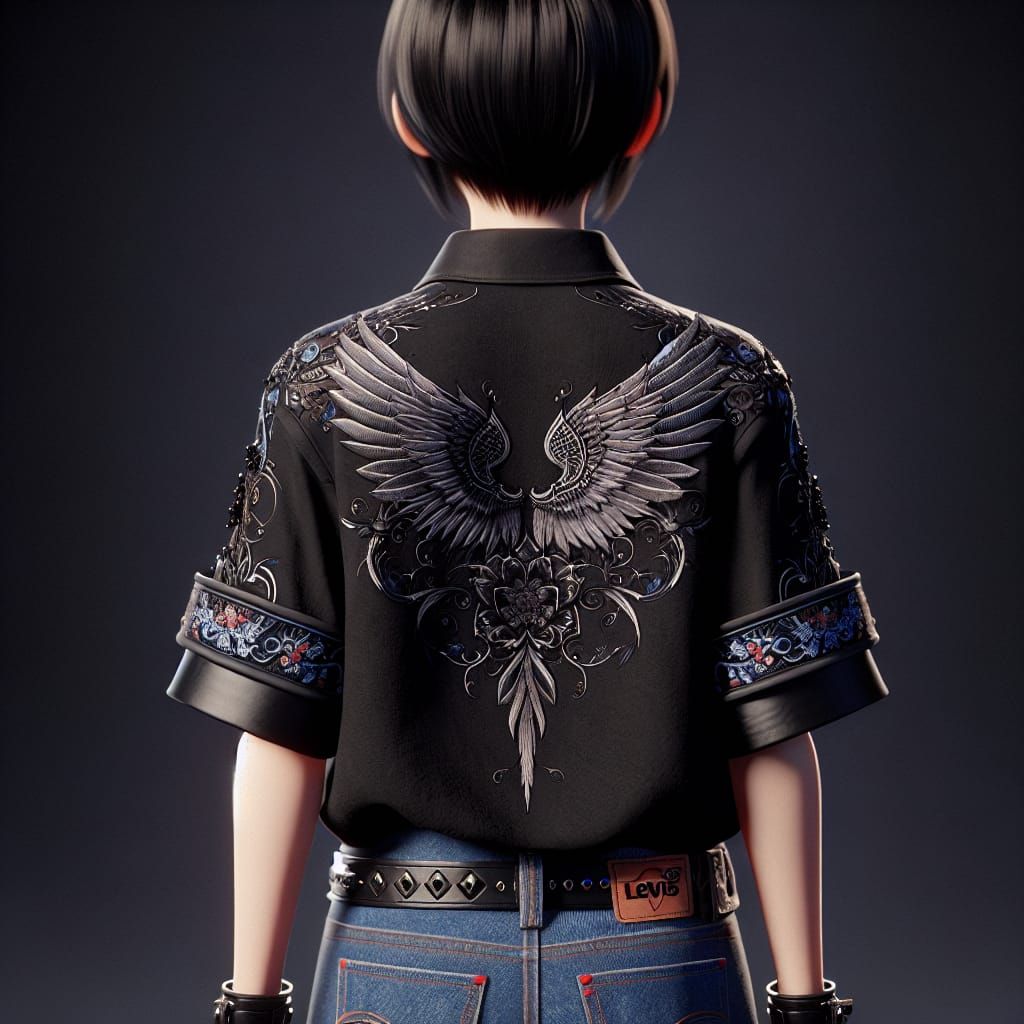 Anime Woman with Wing Embroidery in Matte Painting Style