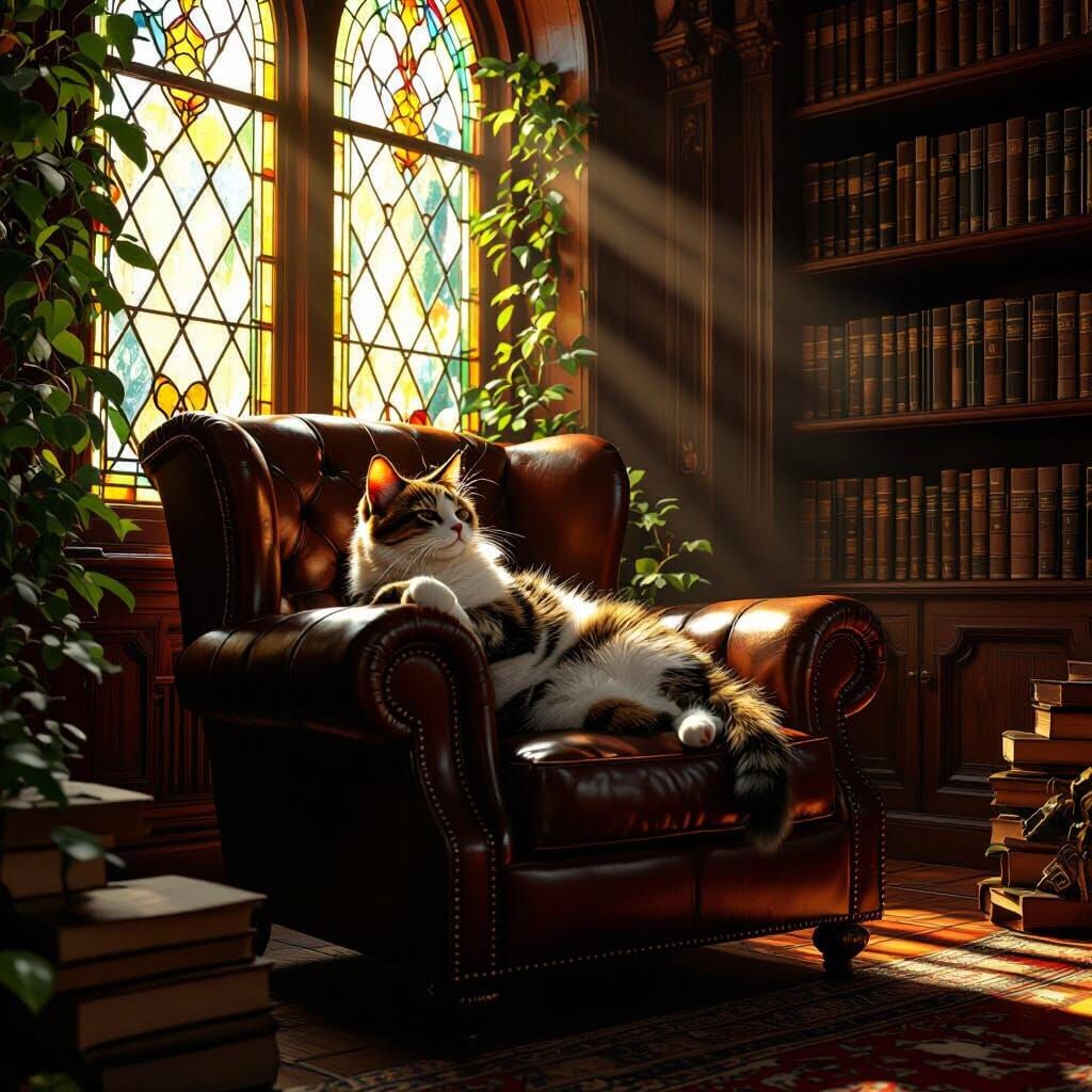 Cat Lounging in Vintage Library: Fantasy Concept Art