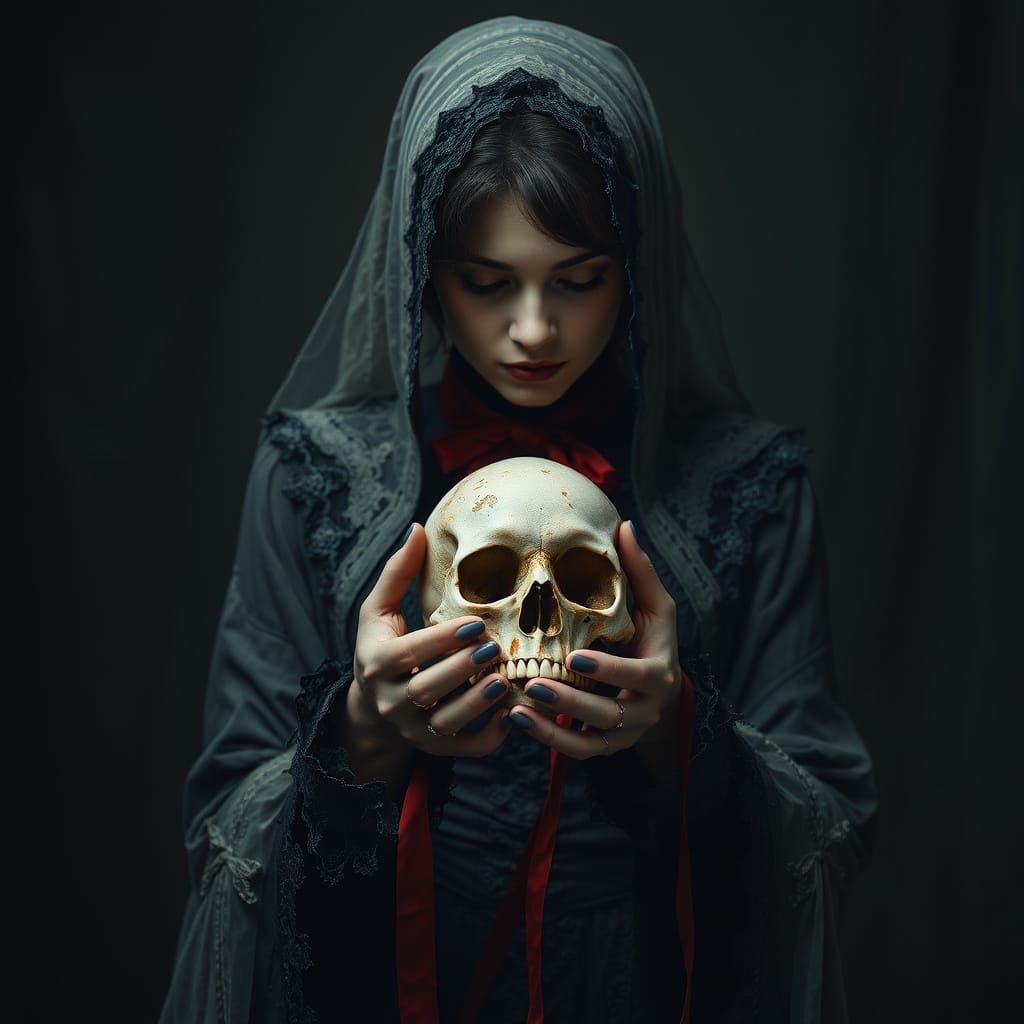 Victorian Vampire Maiden Holds Weathered Skull