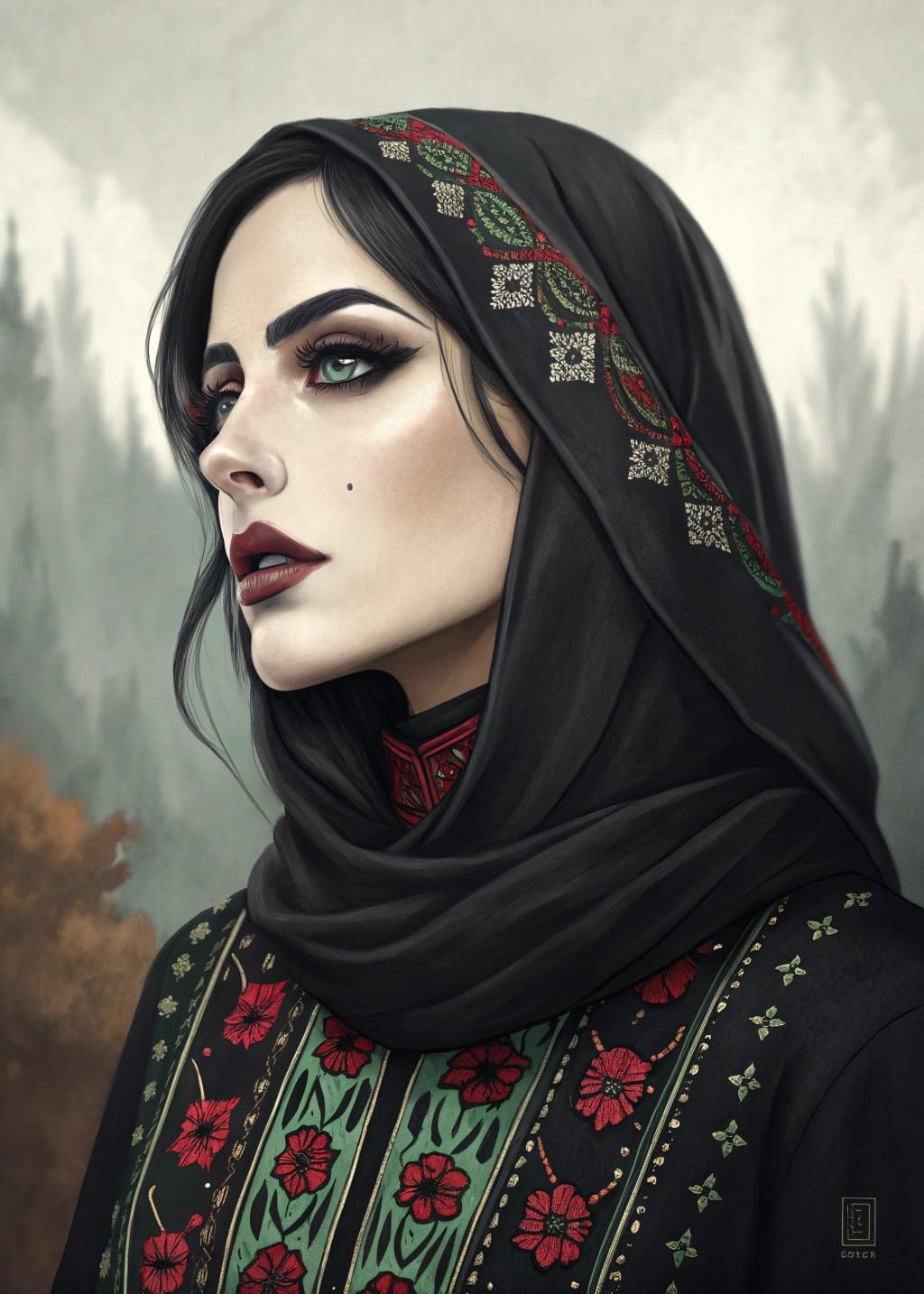 Mysterious Gothic Beauty with Palestinian Symbolism