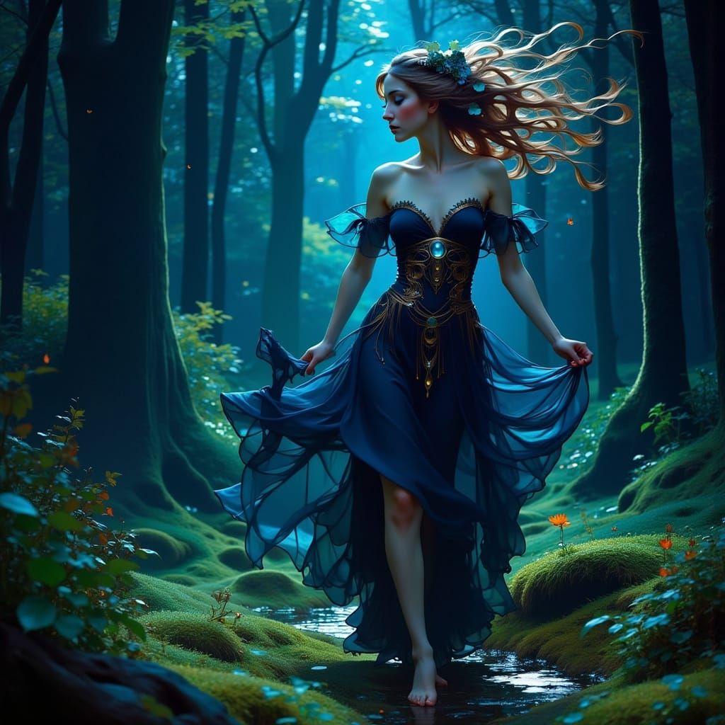 Art Nouveau Woman Dancing in Magical Forest