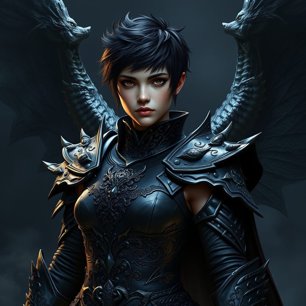 Dark Fantasy Warrior with Shadow Dragon Companion