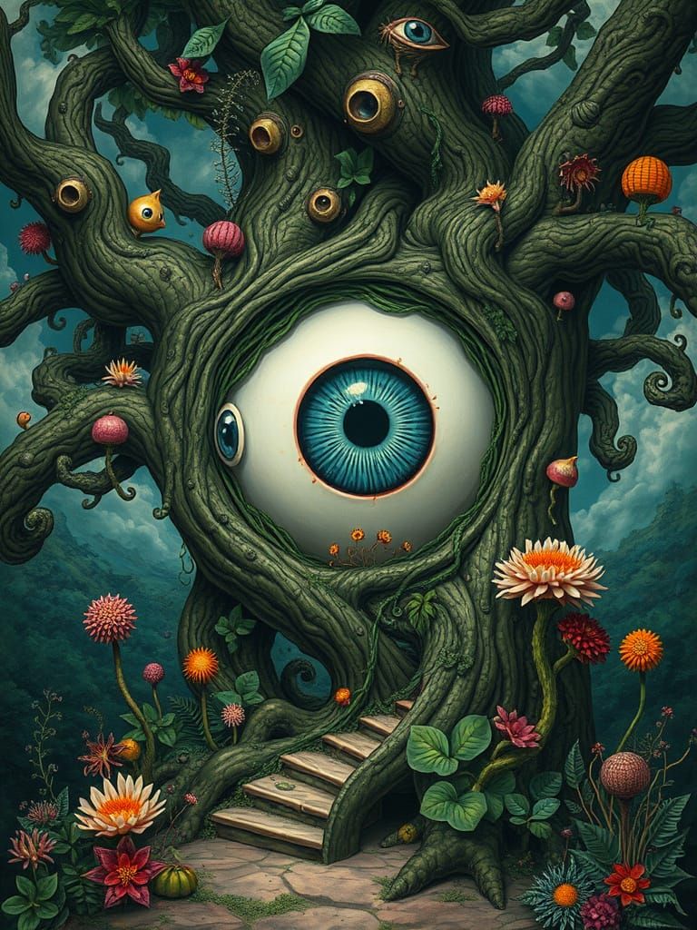 Surreal Eyeball Tree with Whimsical Plants