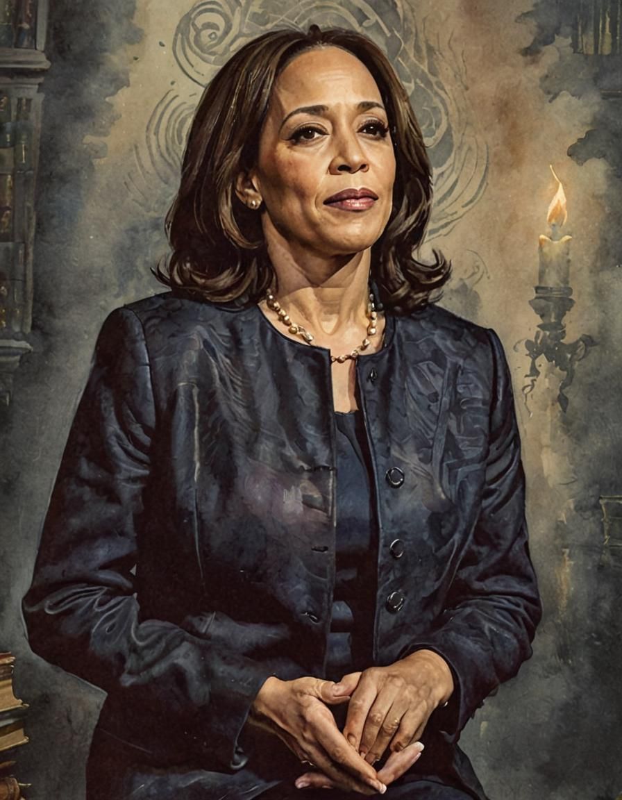 Kamala Harris Portrait in Mystical Library, Watercolor Style