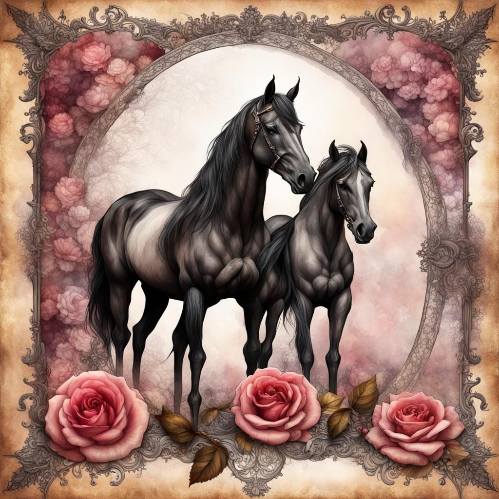 Steampunk Horses on Vintage Rose and Lace Page