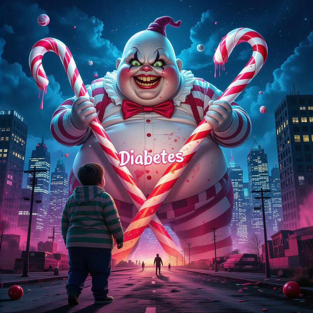 Candy Supervillain Confronts Child in Dystopian City