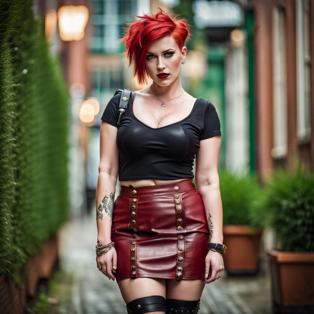 Punk Girl with Red Hair in Leather Skirt
