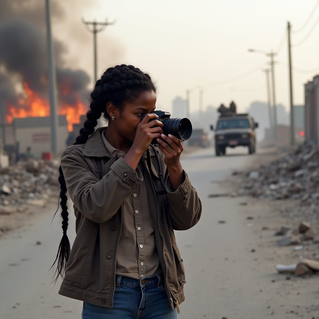 Realistic Photo of African Asian Woman with Camera on Gritty...