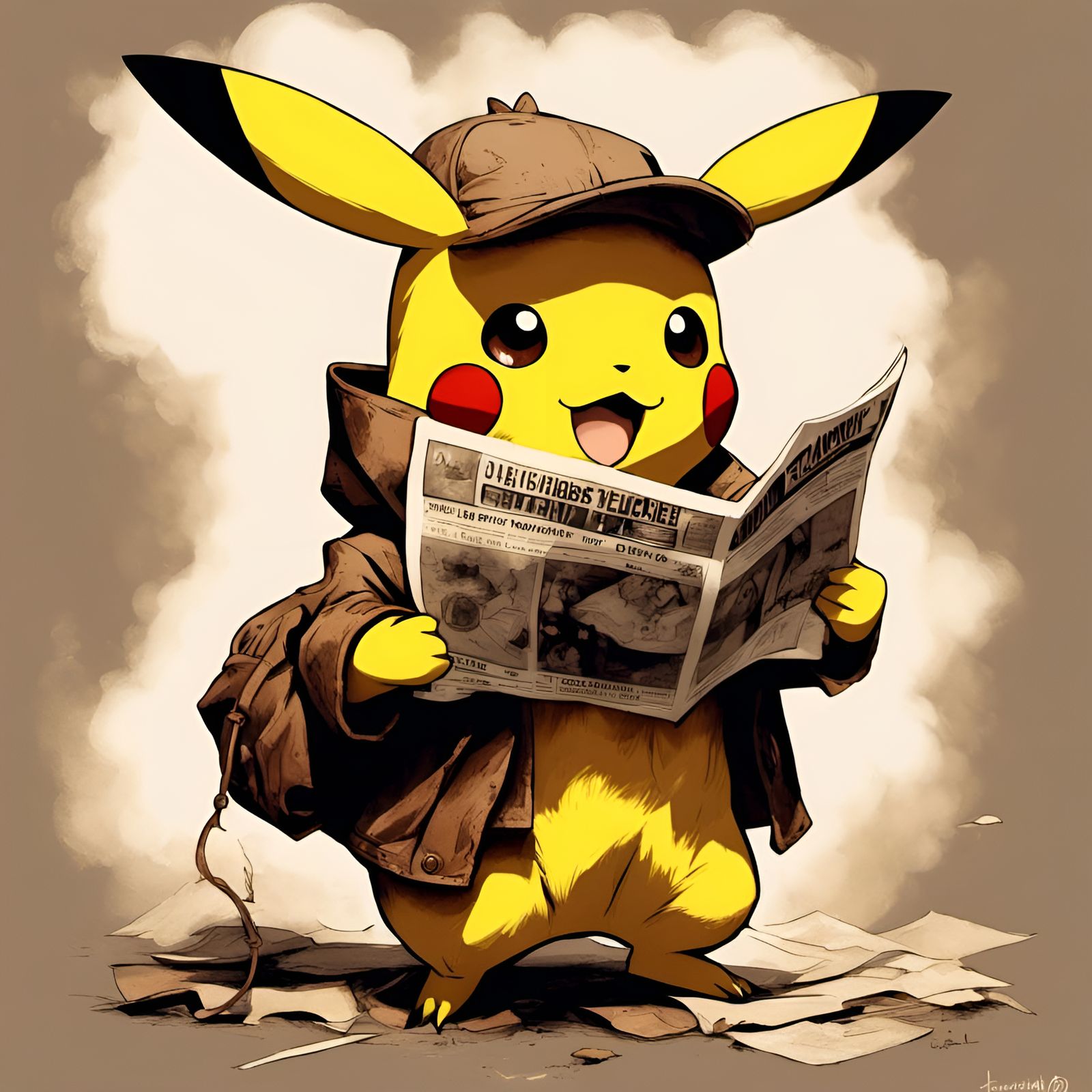 Chibi Pikachu Beggar in Sepia Tones