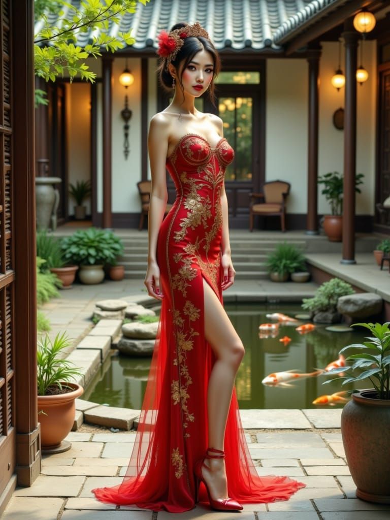 Japanese Supermodel in Art Nouveau Pin-Up Style