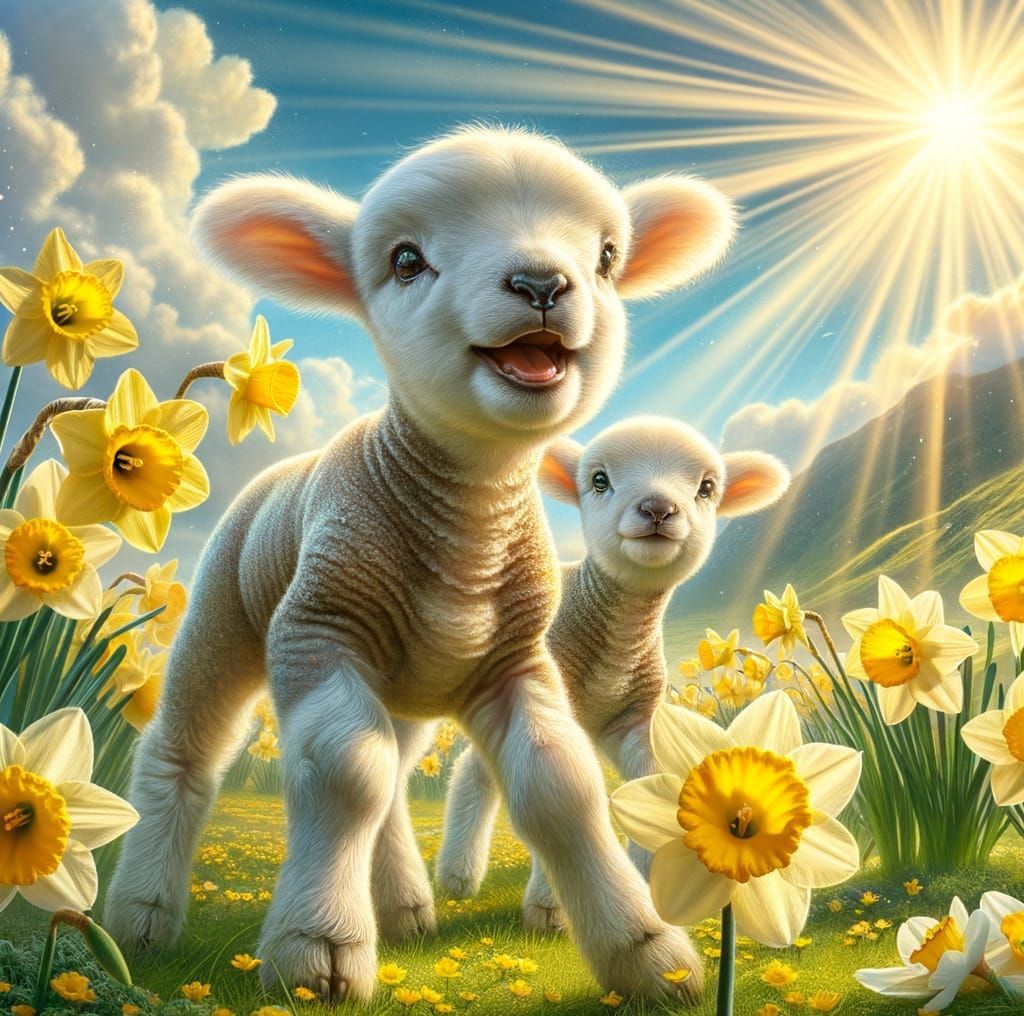 Vibrant Spring Meadow with Playful Baby Lambs