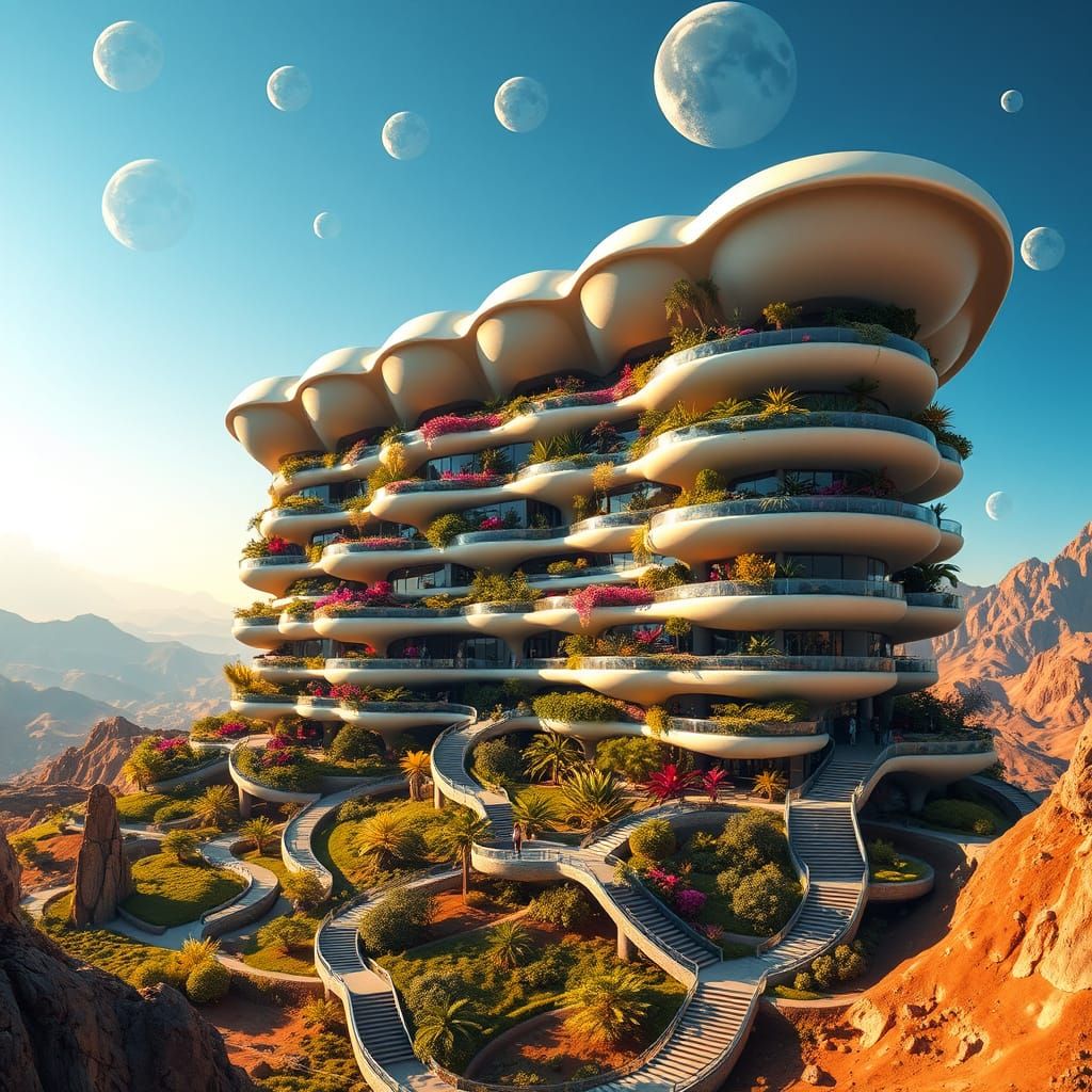 Majestic, Curved Office Building on Distant Planet in Organi...