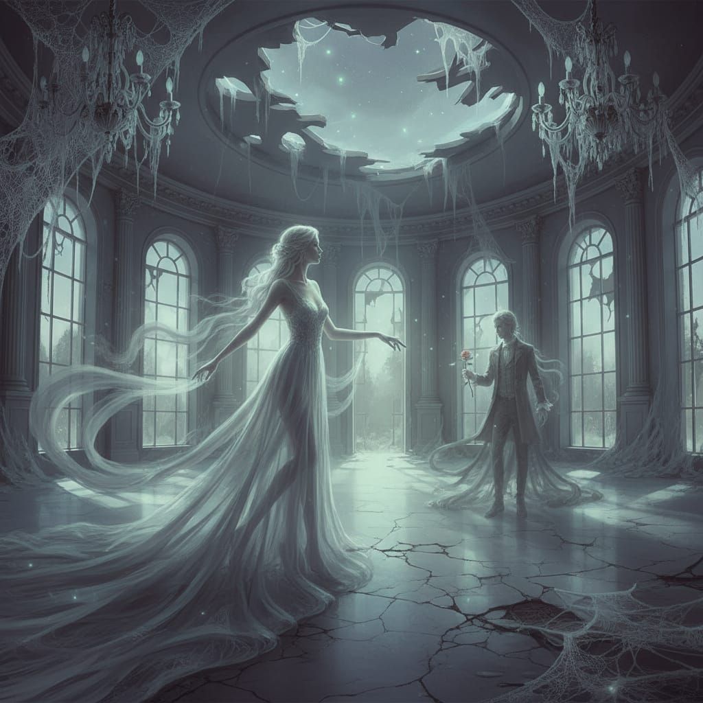 Ethereal Bride Reaches for Phantom Groom in Moonlit Ballroom