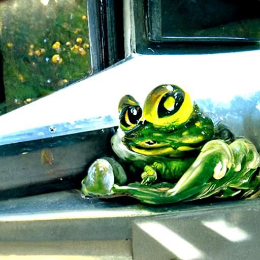 Cute Frog on Window Sill in Oil Painting Style