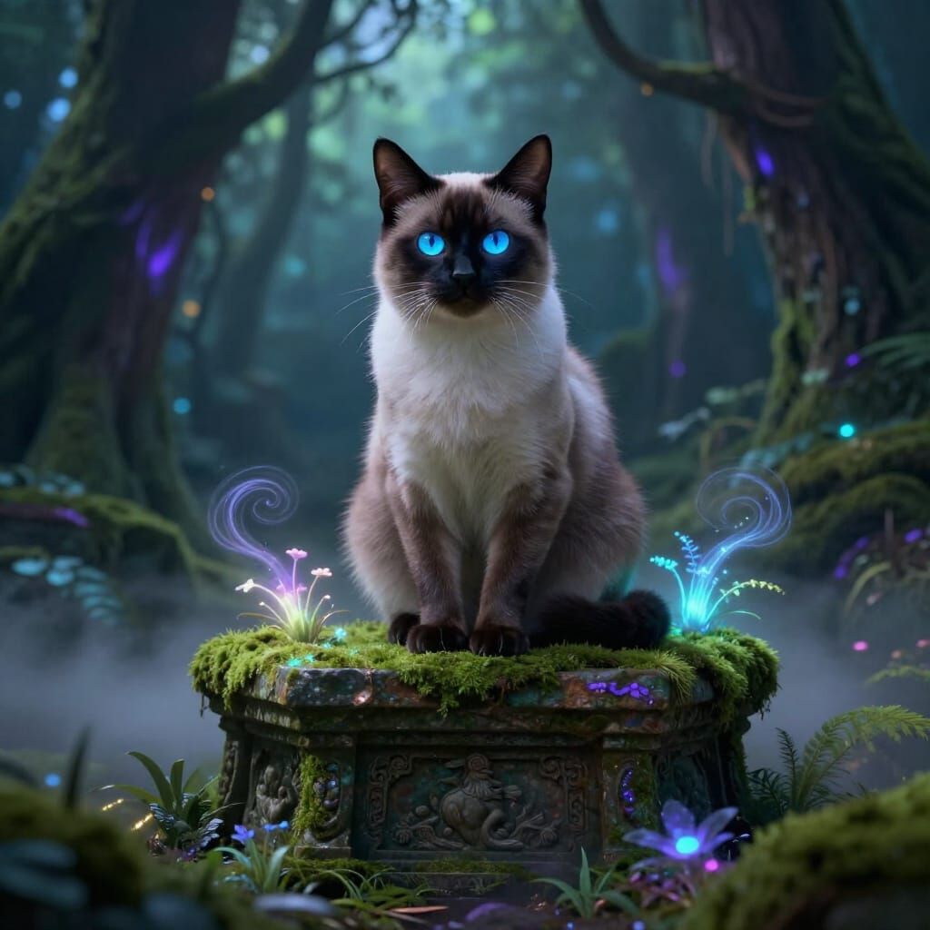 Majestic Siamese Cat on Ancient Altar in Mystical Forest
