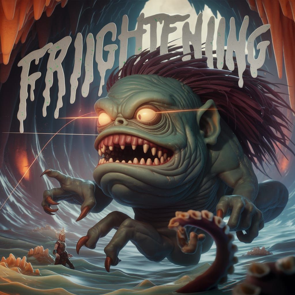 In an eldritch, mysterious cavern, dripping horror text in bold font filled with distressed off-white letters with tiny ...