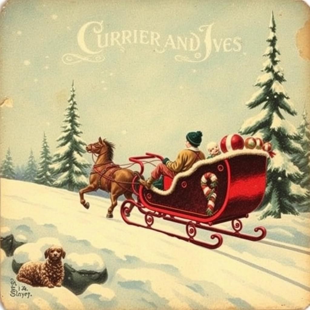 Currier and Ives Style Sleigh Ride Vintage Postcard