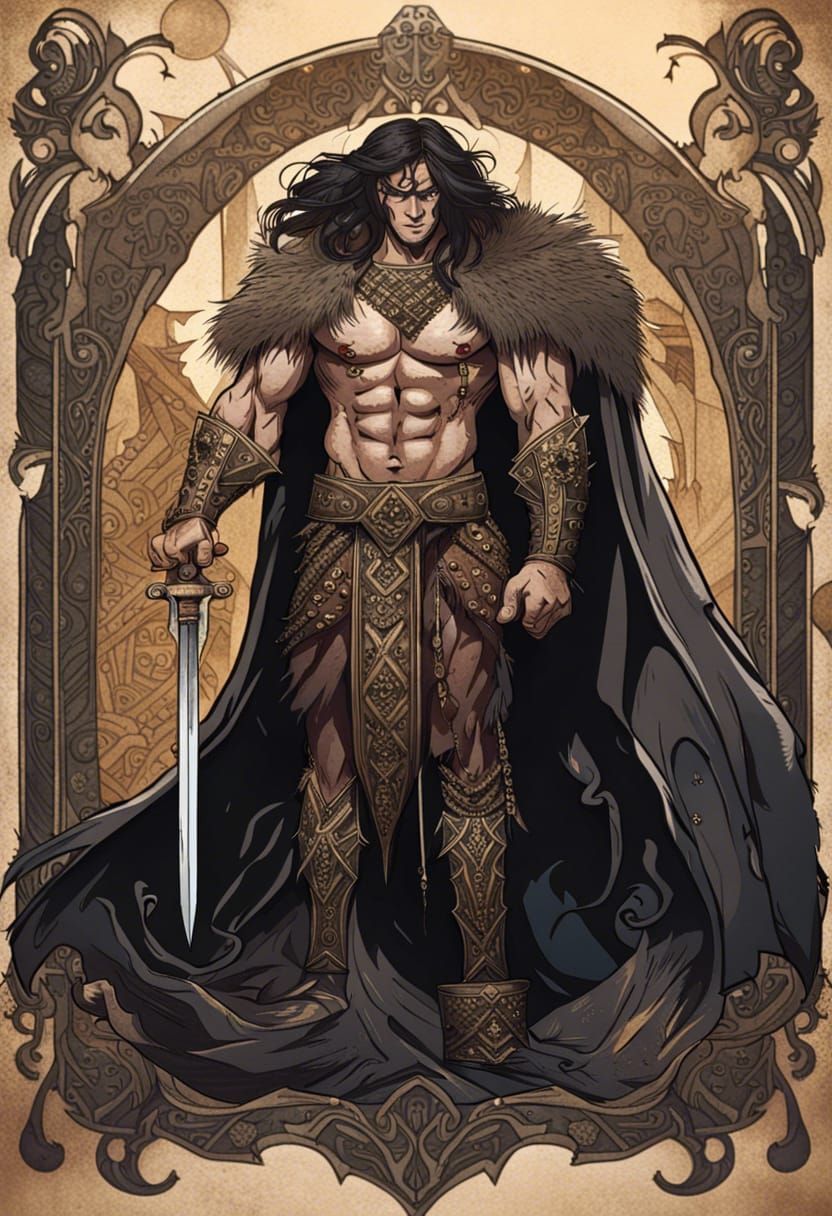 Art Deco Barbarian with Sword in Dark Fantasy Style