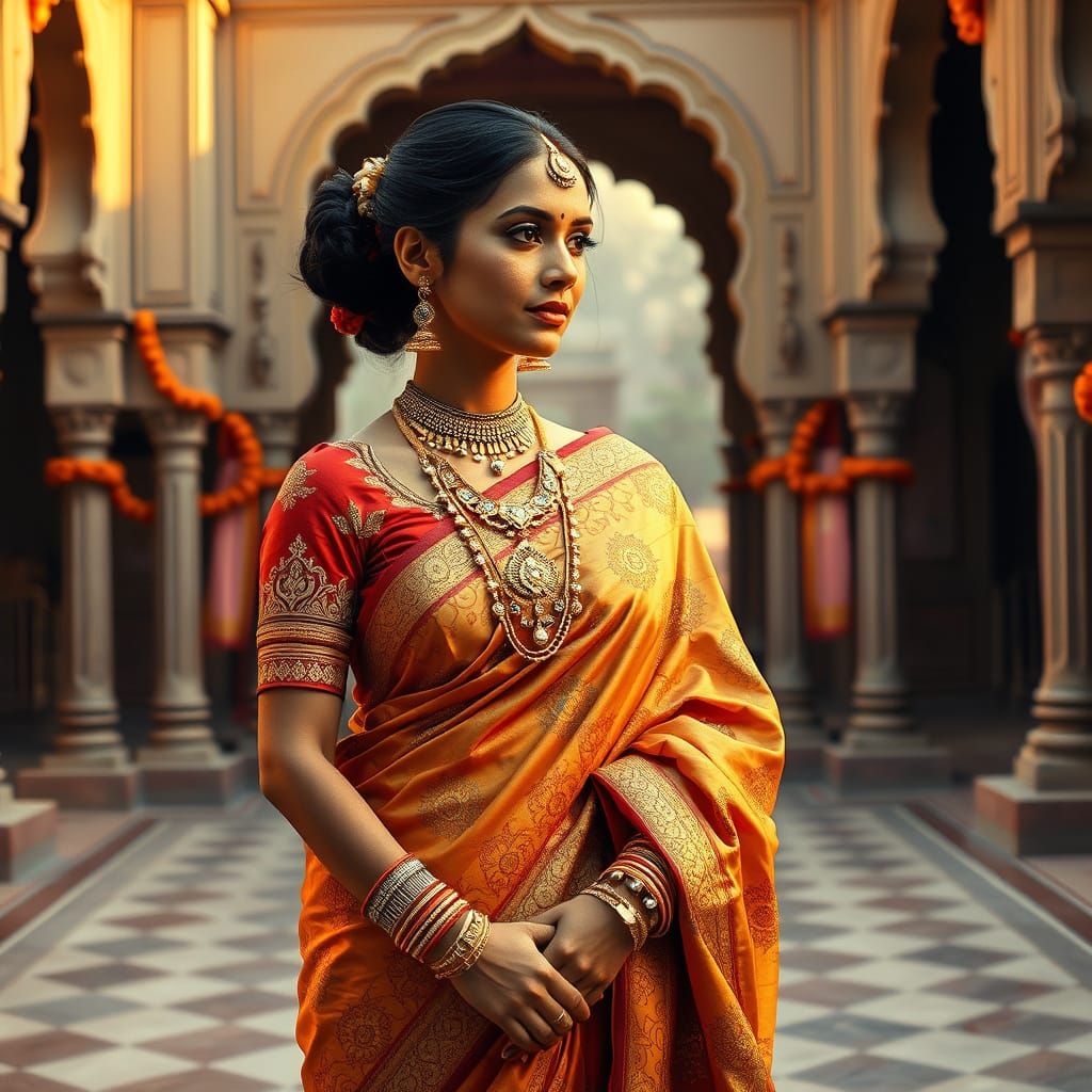Regal Indian Woman in Palace Courtyard
