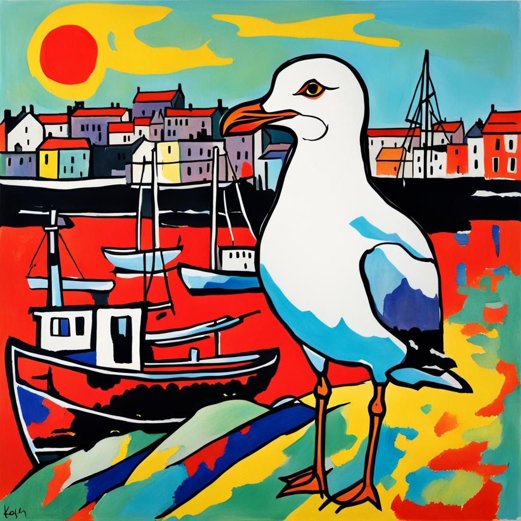 Seagull Portrait in Post-Apocalyptic Harbour, Fauvism Style