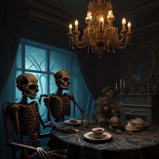Skeletons' Tea Party in Hyper-Realistic Style