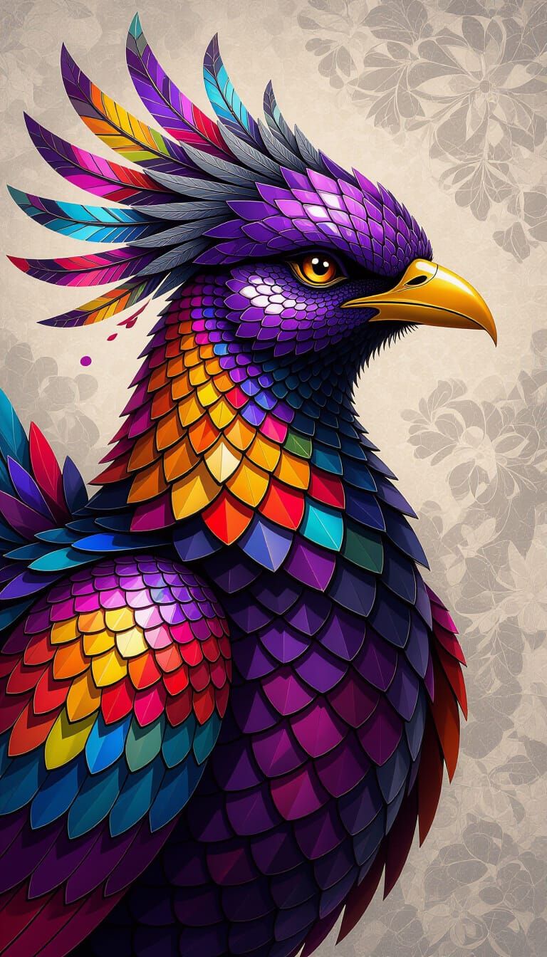 Stylized Purple Bird With Scaled Body and Mosaic Head