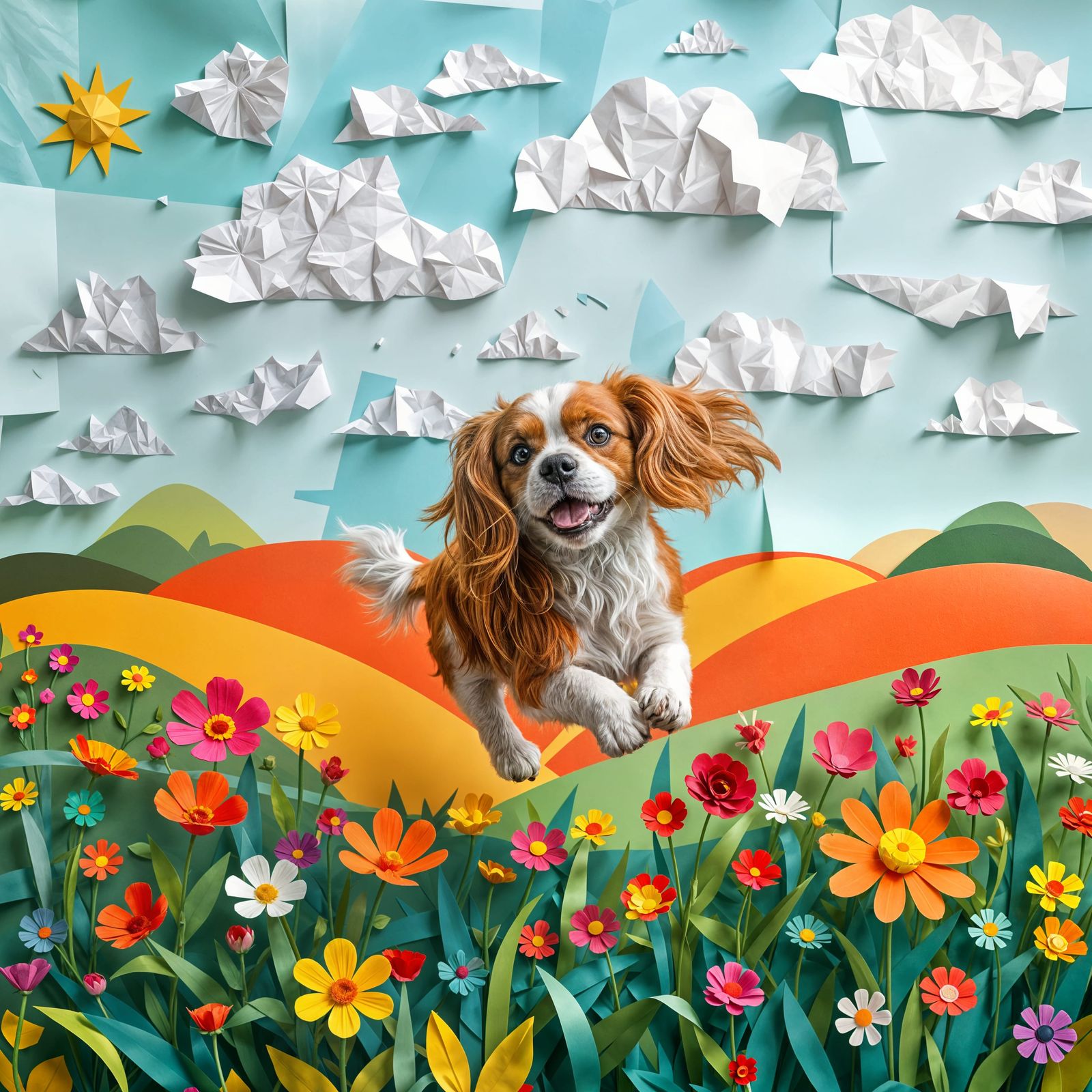 Joyful Spaniel in Whimsical Paper Landscape