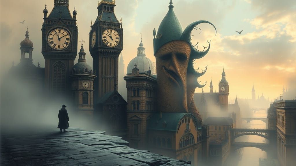 Surreal Cityscape with Melting Clocks and Twisted Architectu...