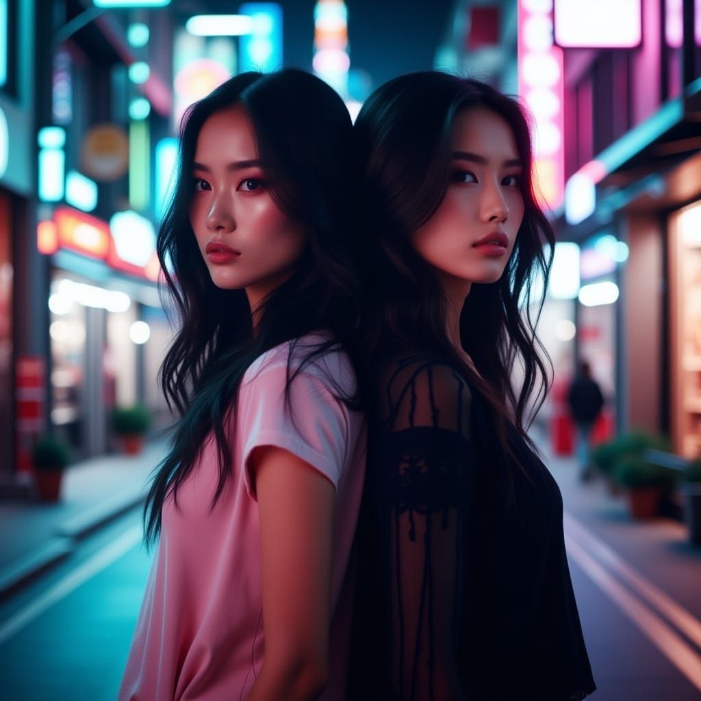 Twins in Cyberpunk Style: Colorful Energy vs. Monochrome Moo...