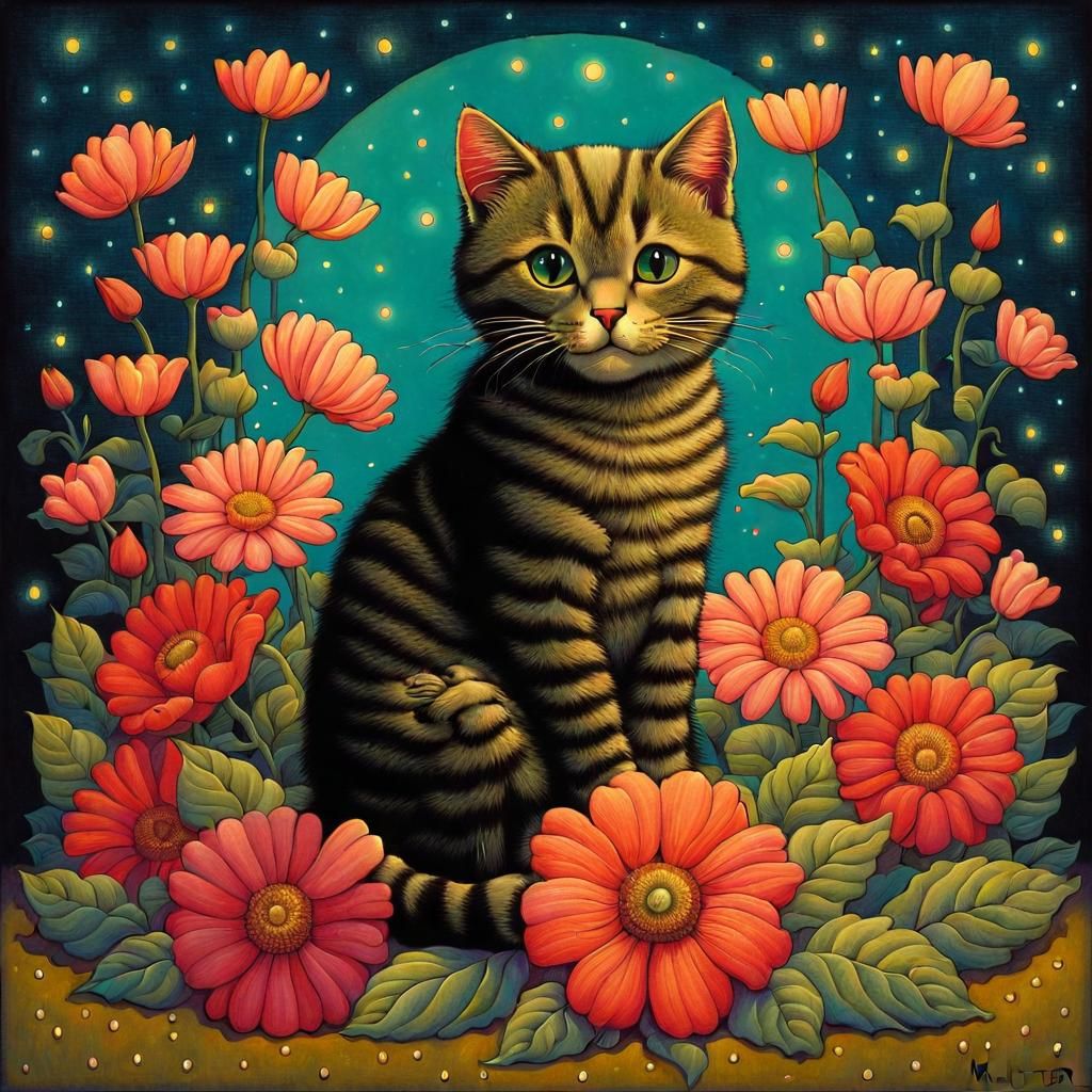Cute Cat with Flowers in Surrealist Style