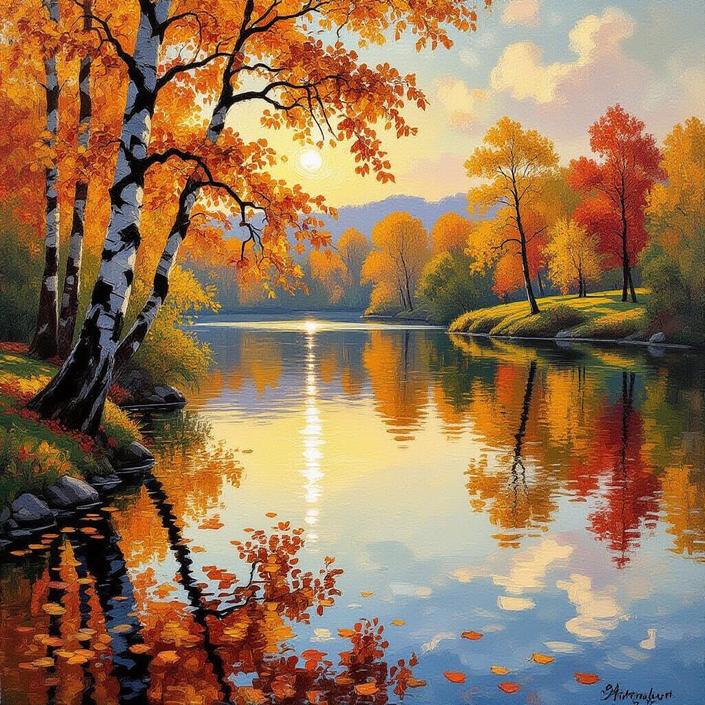 Serene Autumn Lake Reflection in Impressionist Style