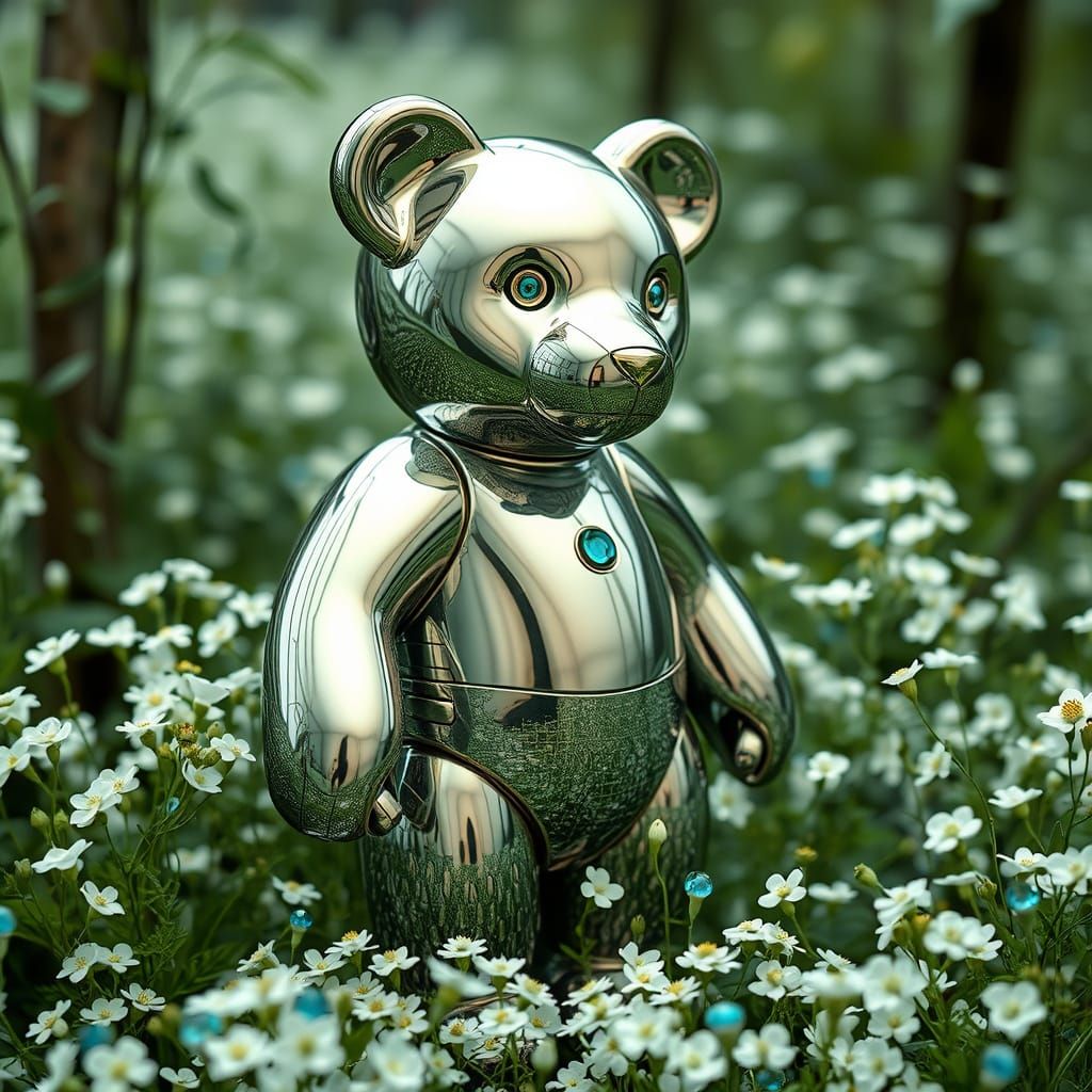 Chrome Teddy Bear in Art Deco Garden