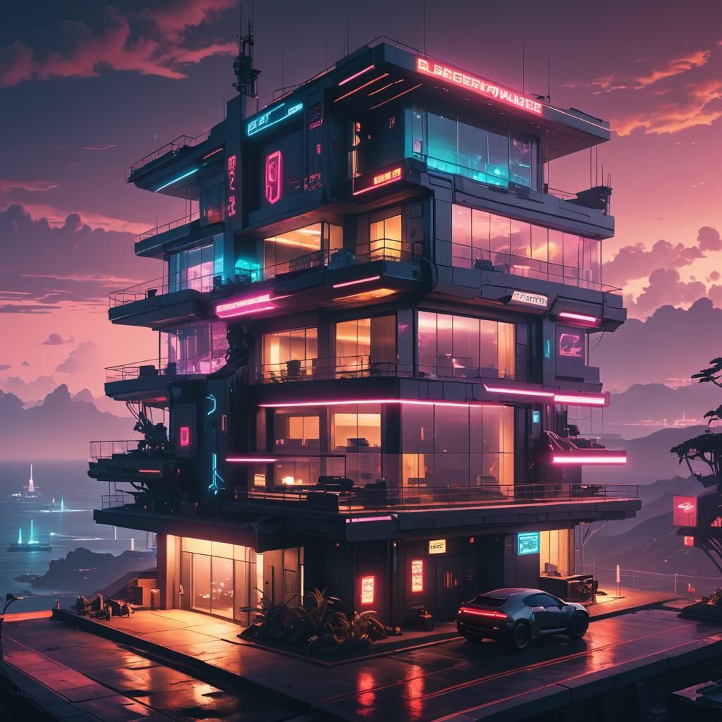 High-Tech House Overlooking Ocean in Cyberpunk Style