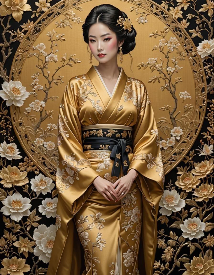 Woman in Golden Kimono with Intricate Embroidery