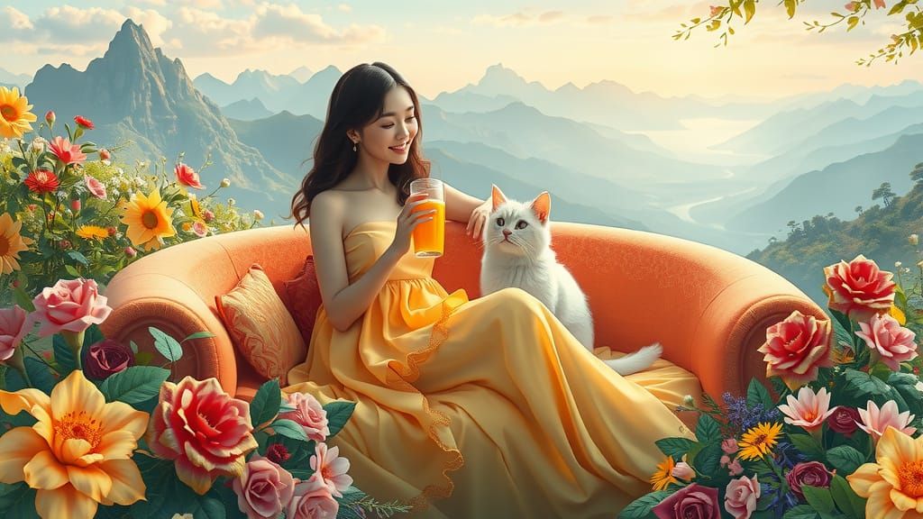 Woman in Floral Garden, Dreamy 3D Render