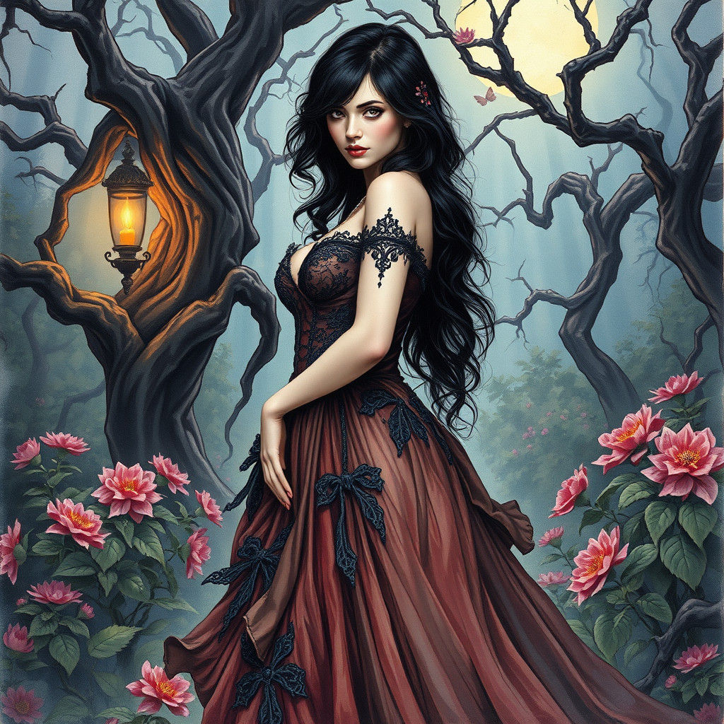 Gothic Woman in Moonlit Garden Watercolor