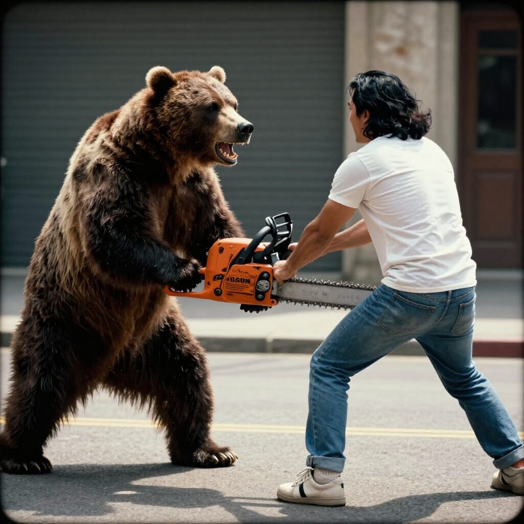 Grizzly Bear Attacks Biker with Chainsaw in Cinematic Street...
